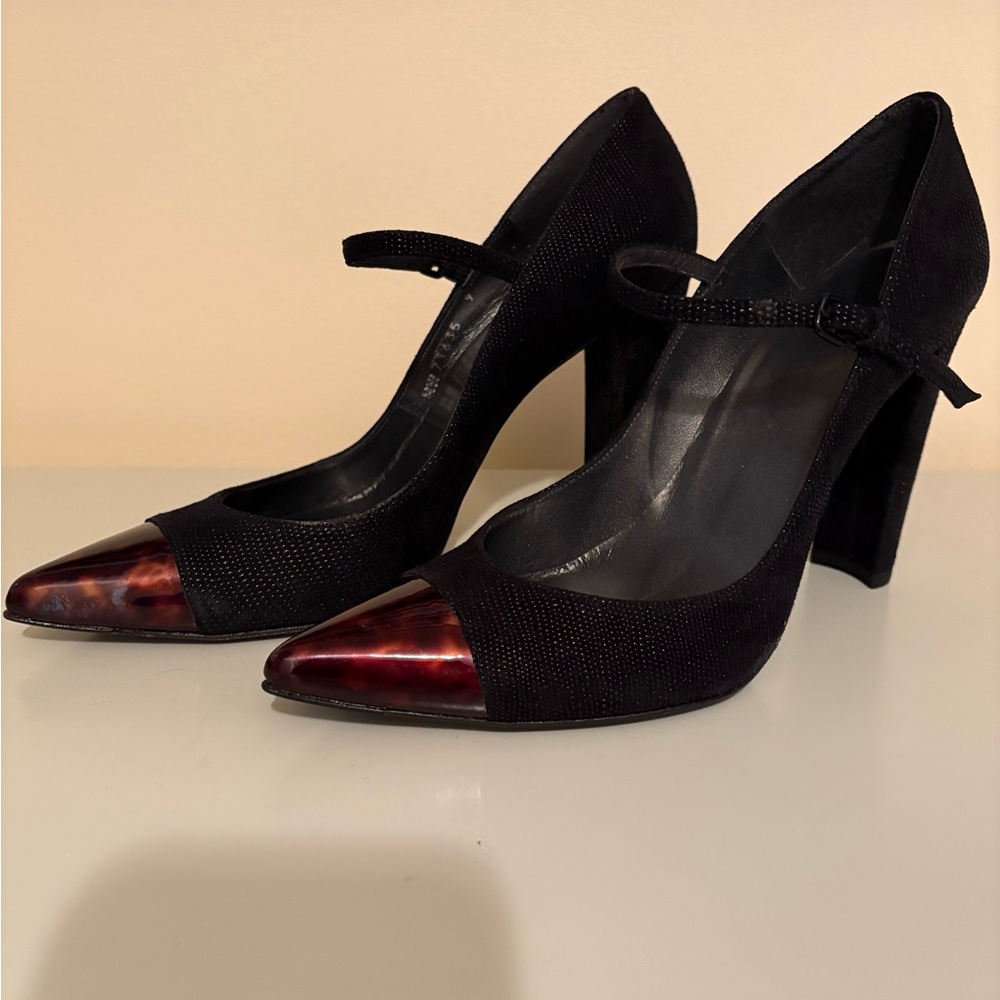 Stuart Weitzman Black Goose Bump Napi with Tortoise Tip Heels